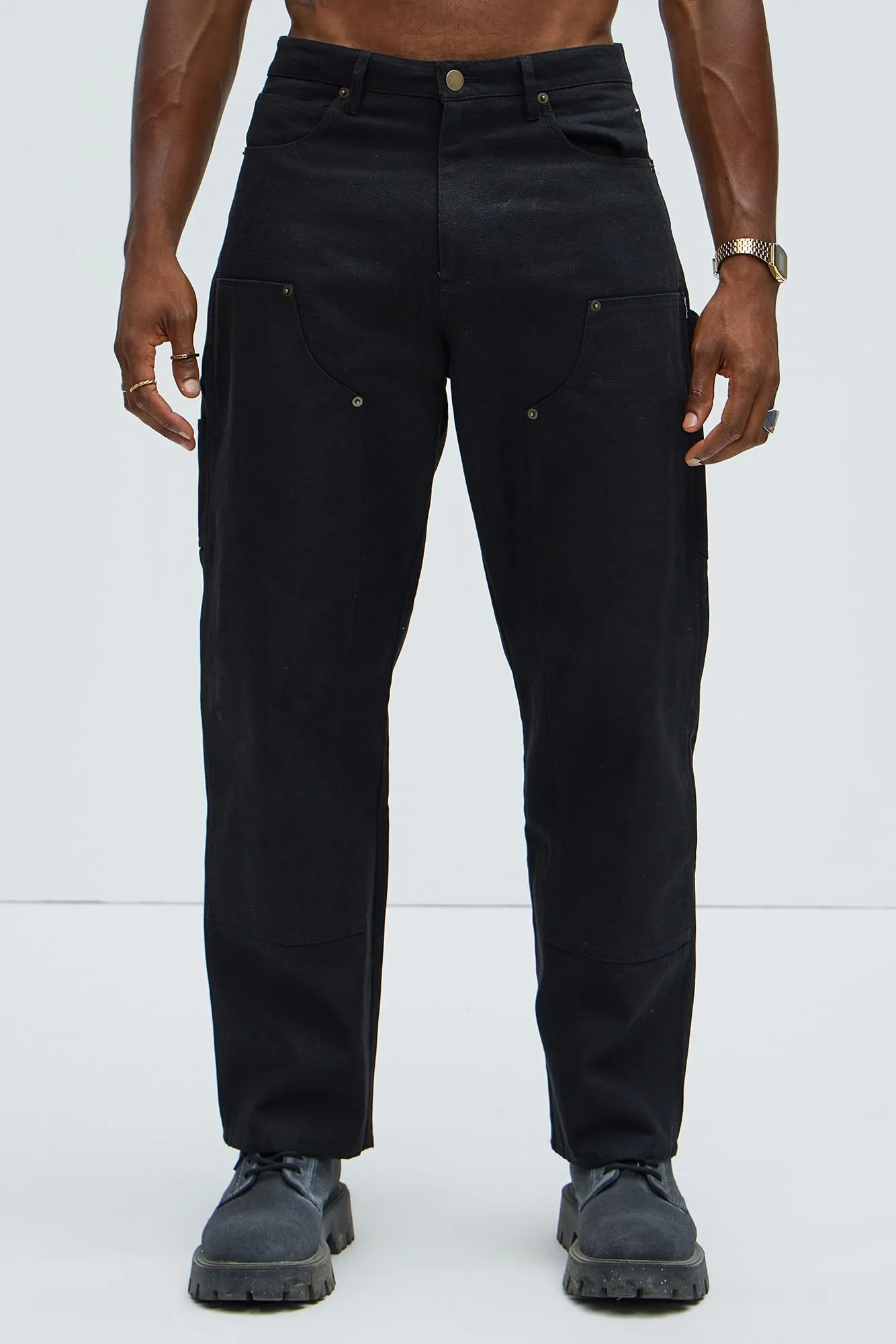 Alexander Double Knee Straight Utility Canvas Pants - Black