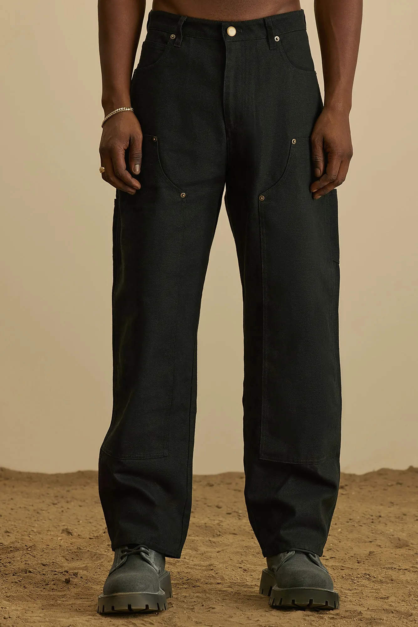 Alexander Double Knee Straight Utility Canvas Pants - Black