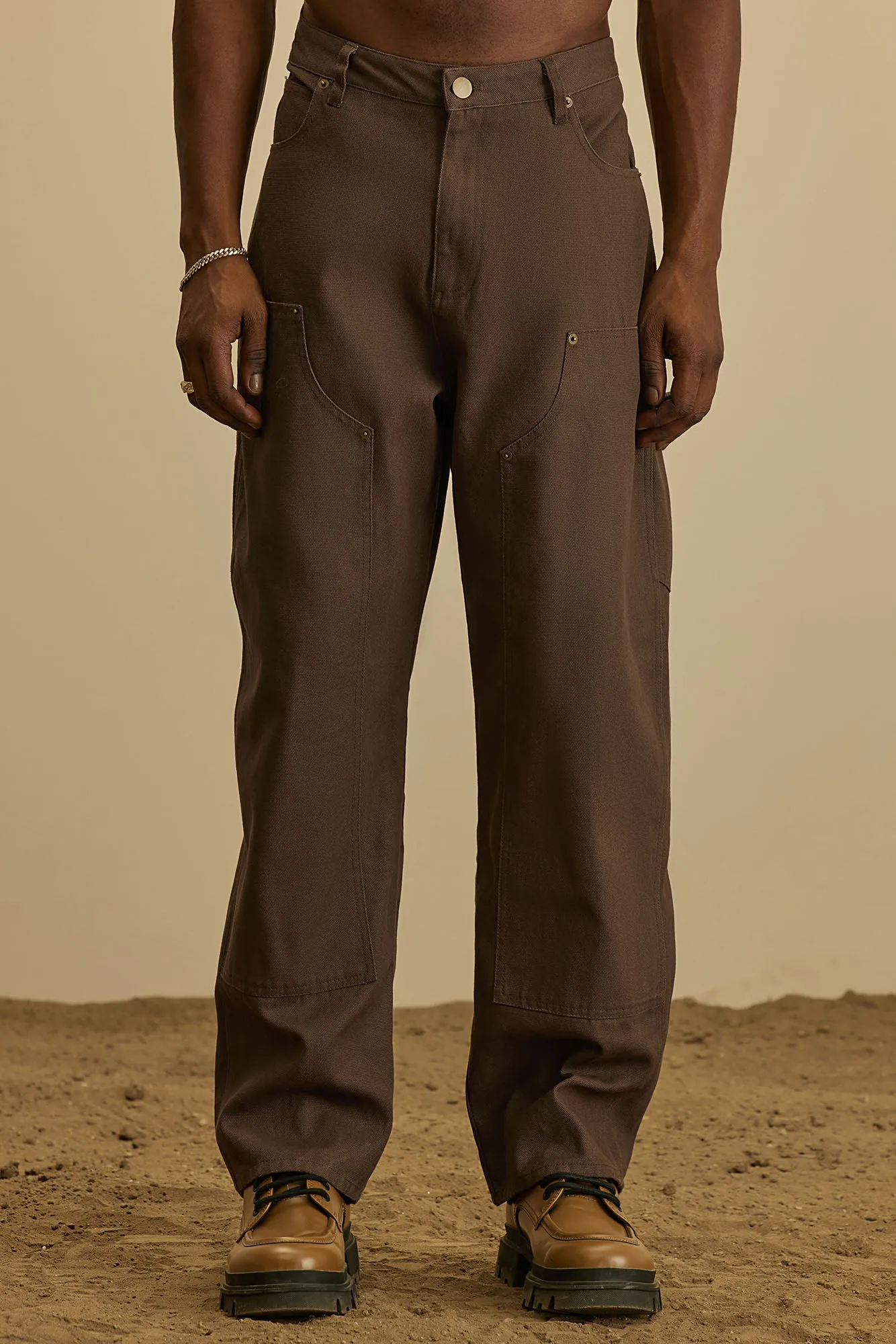 Alexander Double Knee Straight Utility Canvas Pants - Brown