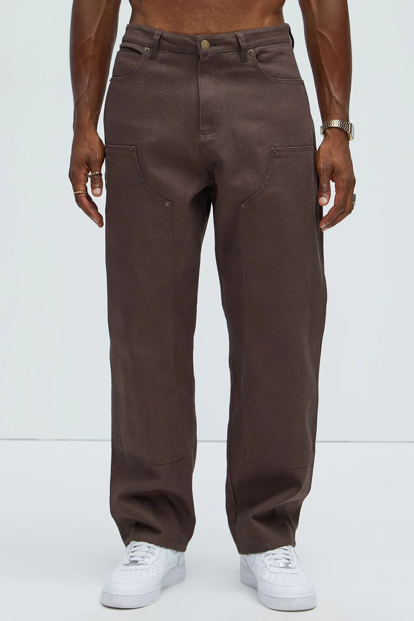 Alexander Double Knee Straight Utility Canvas Pants - Brown
