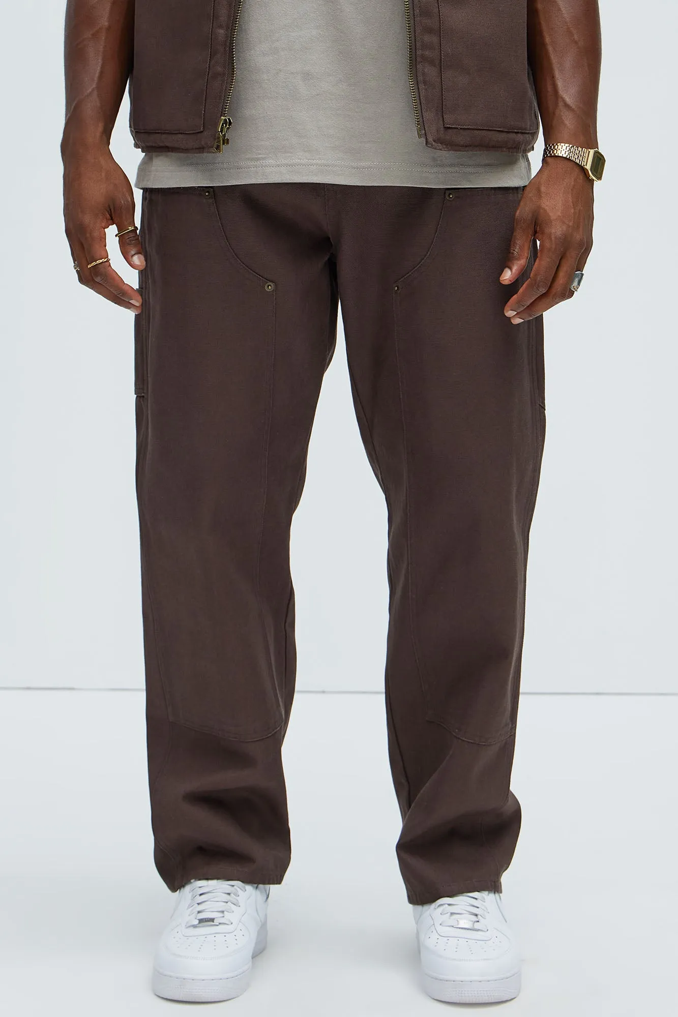 Alexander Double Knee Straight Utility Canvas Pants - Brown