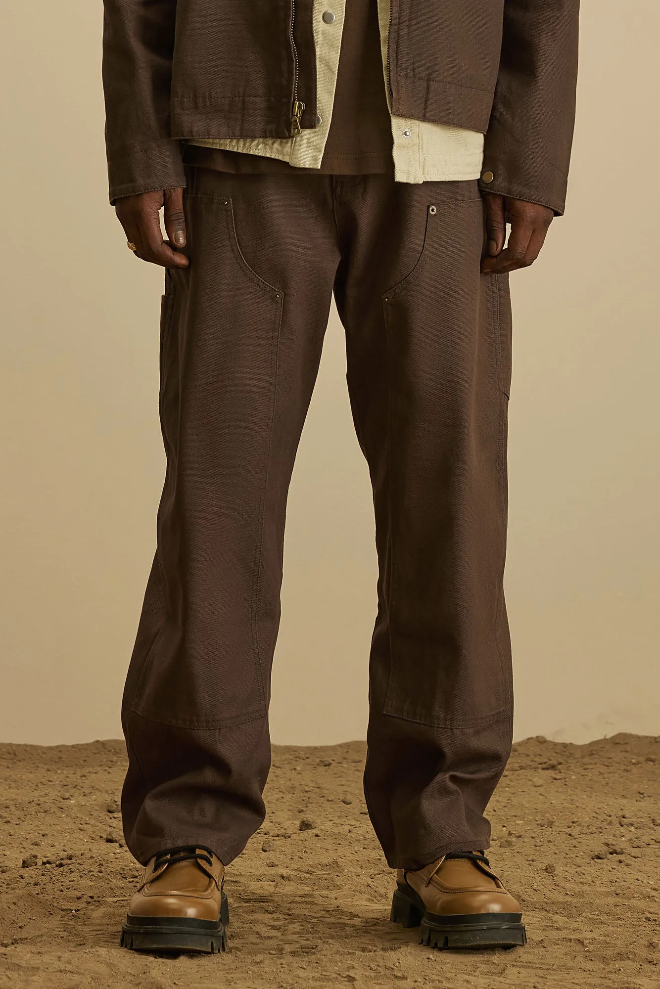 Alexander Double Knee Straight Utility Canvas Pants - Brown