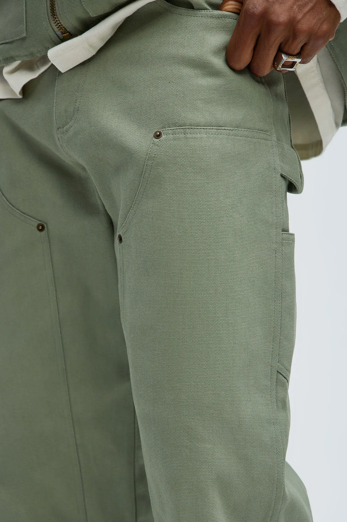 Alexander Double Knee Straight Utility Canvas Pants - Olive