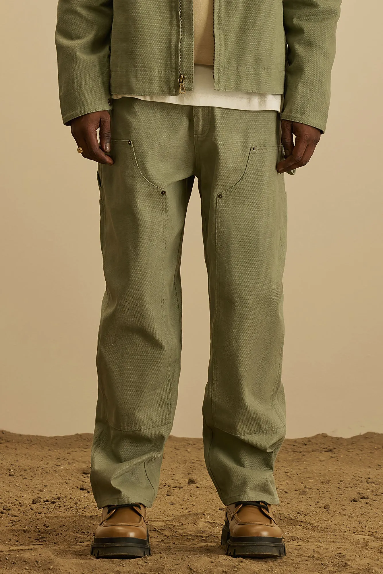 Alexander Double Knee Straight Utility Canvas Pants - Olive