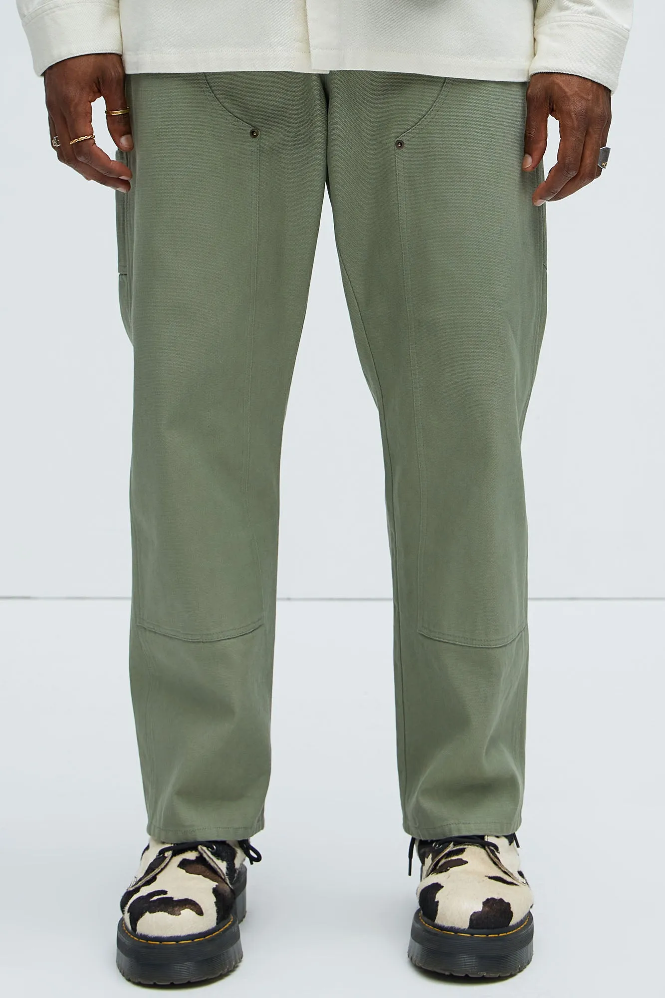 Alexander Double Knee Straight Utility Canvas Pants - Olive