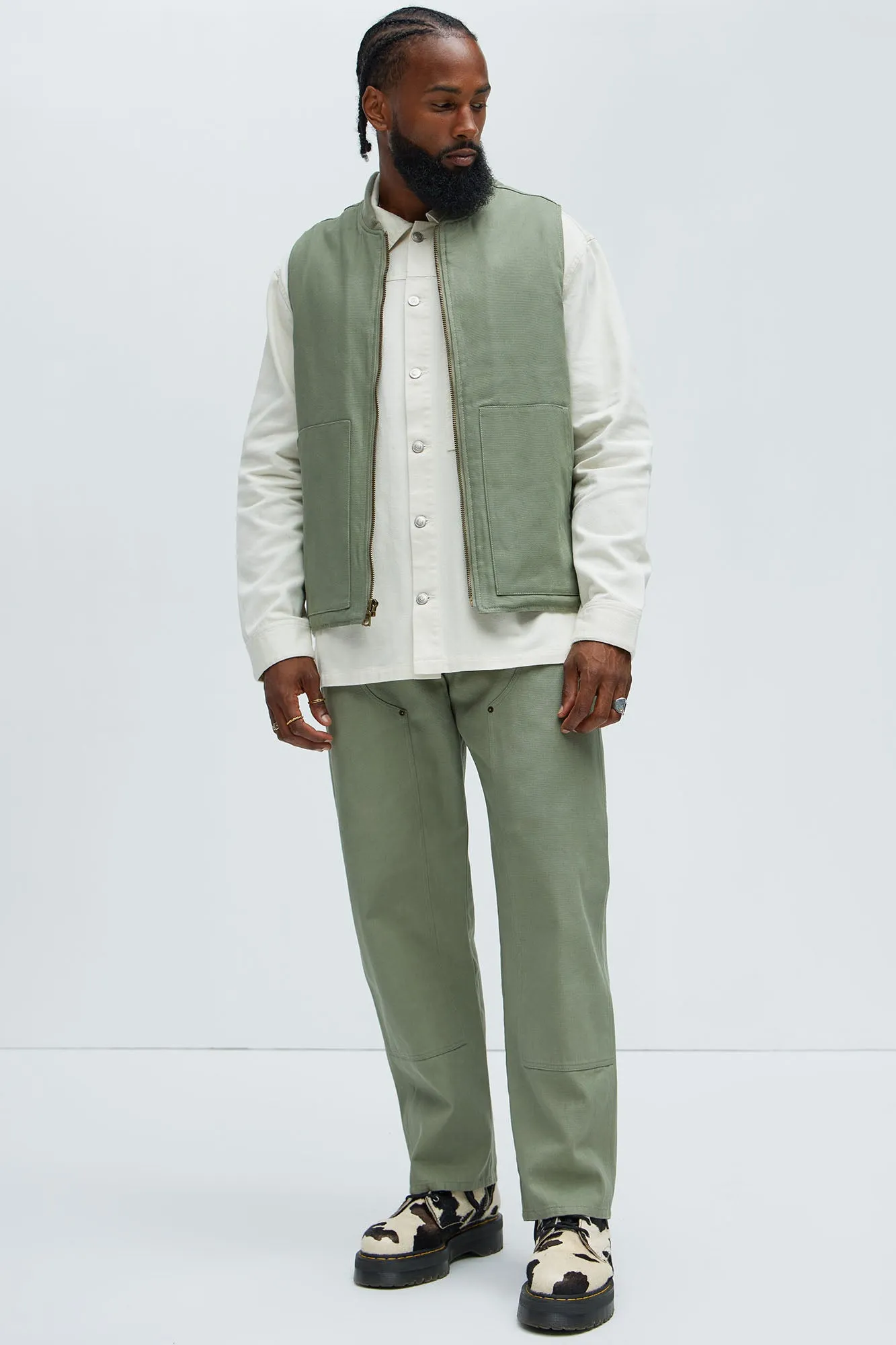 Alexander Double Knee Straight Utility Canvas Pants - Olive
