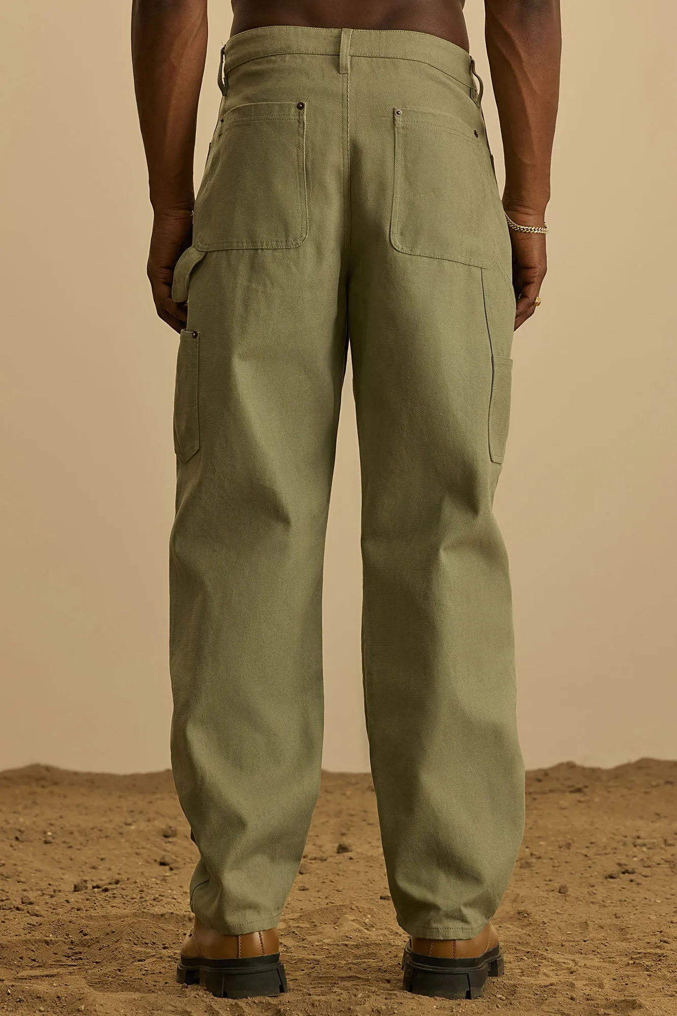 Alexander Double Knee Straight Utility Canvas Pants - Olive