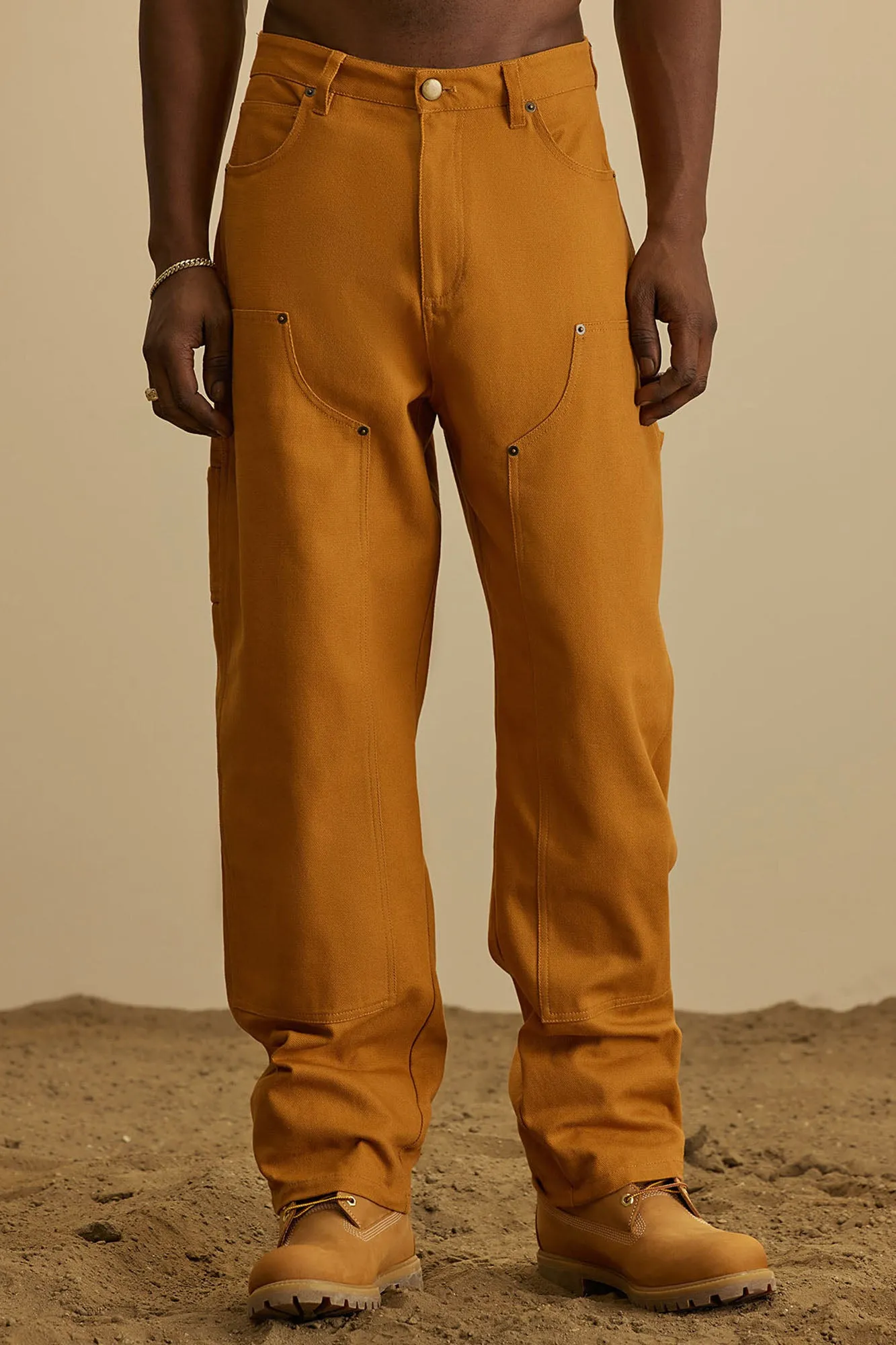 Alexander Double Knee Straight Utility Canvas Pants - Tan