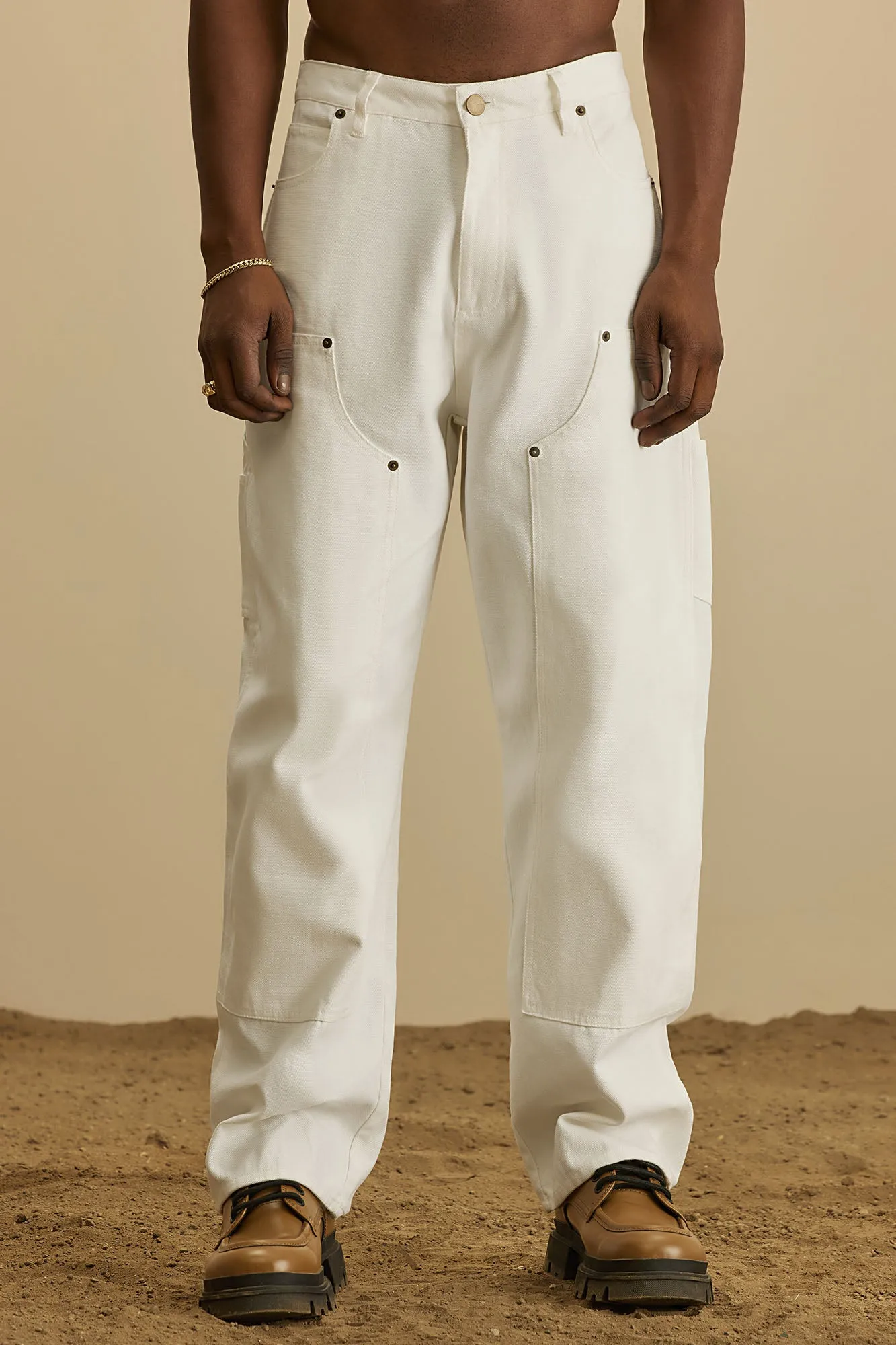 Alexander Double Knee Straight Utility Canvas Pants - White