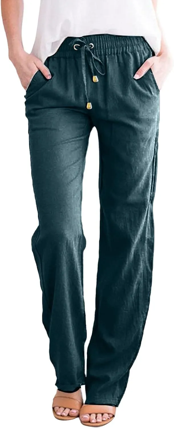 Casual Pants Women Summer Drawstring High Waist Straight Leg Pants Casual Dressy Work Vacation Beach Trousers with Pockets