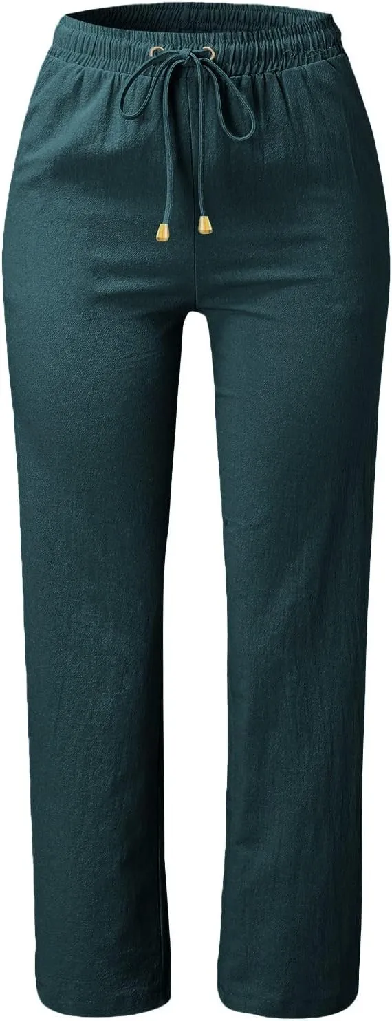 Casual Pants Women Summer Drawstring High Waist Straight Leg Pants Casual Dressy Work Vacation Beach Trousers with Pockets