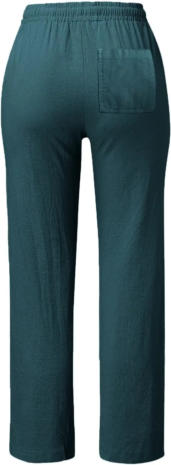 Casual Pants Women Summer Drawstring High Waist Straight Leg Pants Casual Dressy Work Vacation Beach Trousers with Pockets