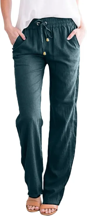 Casual Pants Women Summer Drawstring High Waist Straight Leg Pants Casual Dressy Work Vacation Beach Trousers with Pockets