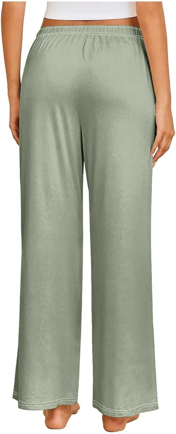 GIERIDUC Pajams Pants for Women Flowy Palazzo Pants Boho High Waist Wide Leg Trousers Summer Beach Lounge Outfits 2025