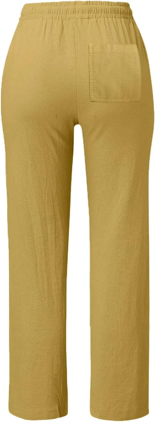 GIERIDUC Womens Casual Cotton Linen Pants Lightweight Summer Loose Fit Palazzo Elastic Waist Plus Size Solid Lounge Trousers