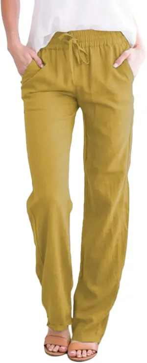 GIERIDUC Womens Casual Cotton Linen Pants Lightweight Summer Loose Fit Palazzo Elastic Waist Plus Size Solid Lounge Trousers