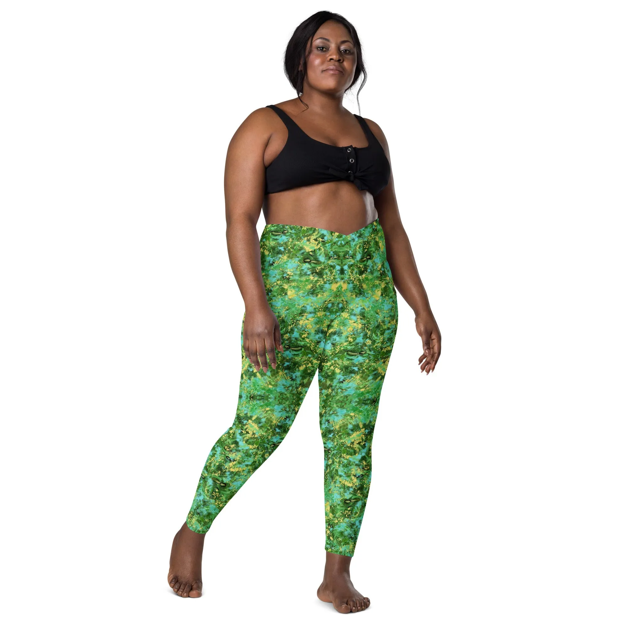 Green blue Kalidoscope Crossover leggings with pockets