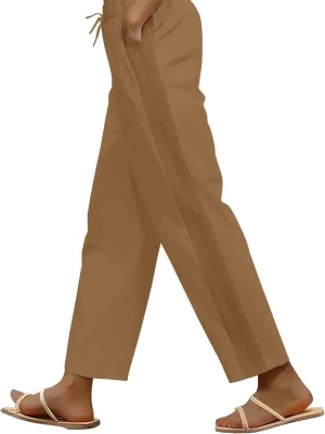 Linen Wide Leg Pants for Women Drawstring High Waisted Palazzo Trousers Loose Casual Summer Cropped Pants with Pockets