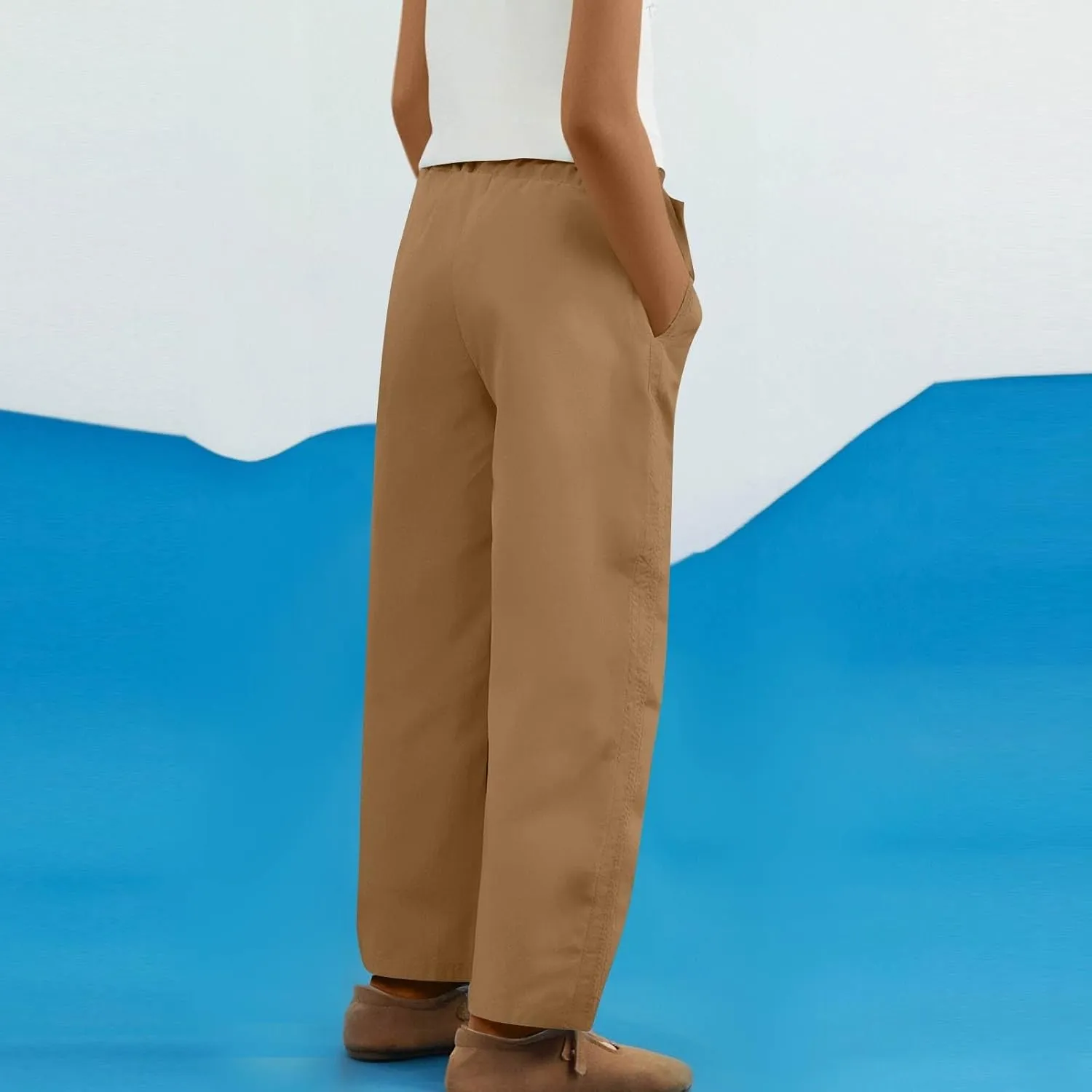 Linen Wide Leg Pants for Women Drawstring High Waisted Palazzo Trousers Loose Casual Summer Cropped Pants with Pockets