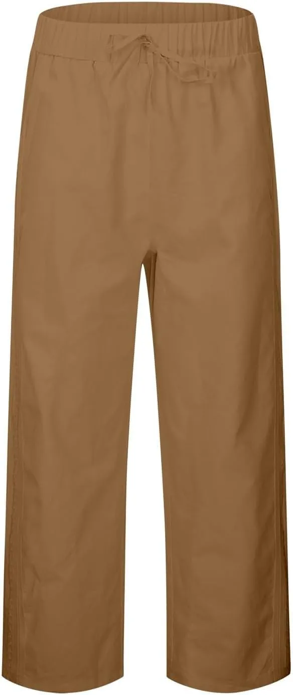 Linen Wide Leg Pants for Women Drawstring High Waisted Palazzo Trousers Loose Casual Summer Cropped Pants with Pockets