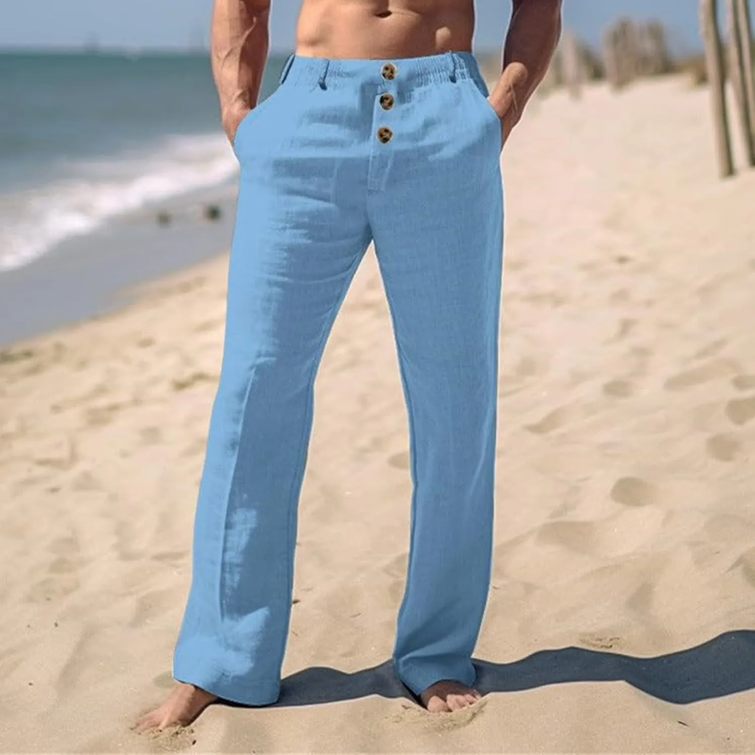 Mens Linen Pants Elastic Waist Casual Loose Trendy Lightweight Breathable Solid Trousers Beach Party Yoga Chino Pants