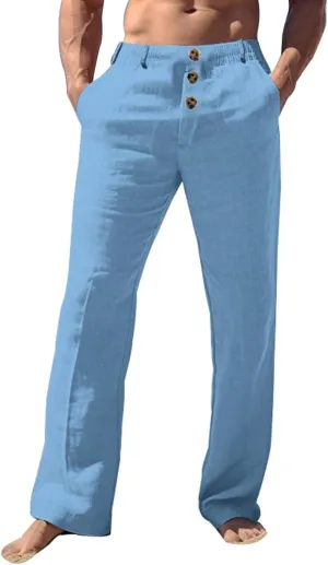 Mens Linen Pants Elastic Waist Casual Loose Trendy Lightweight Breathable Solid Trousers Beach Party Yoga Chino Pants