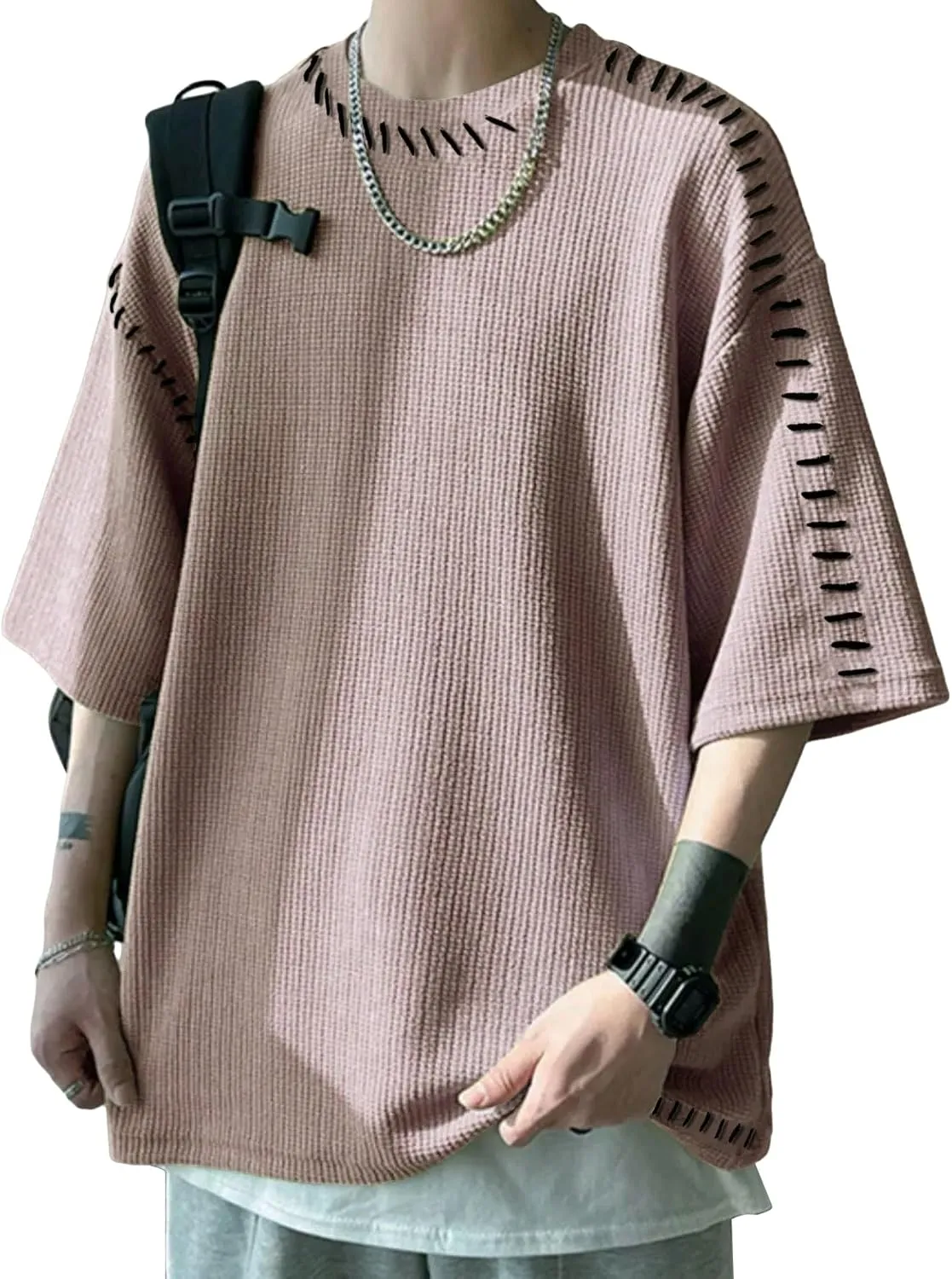 OYOANGLE Men's Half Sleeve Drop Shoulder Crew Neck Oversized Streetwear T Shirt Tee Tops