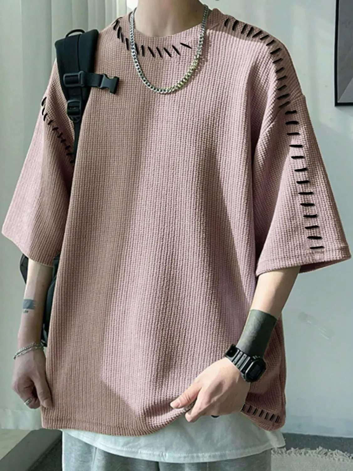 OYOANGLE Men's Half Sleeve Drop Shoulder Crew Neck Oversized Streetwear T Shirt Tee Tops
