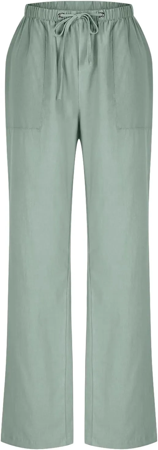 Plus Size Cotton Linen Pants Women Dressy Casual Elastic High Waisted Slacks Summer Trousers with Pockets