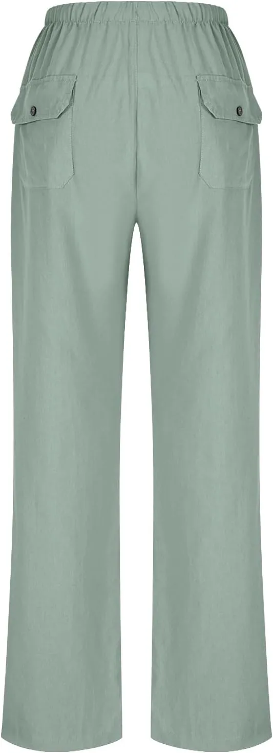 Plus Size Cotton Linen Pants Women Dressy Casual Elastic High Waisted Slacks Summer Trousers with Pockets