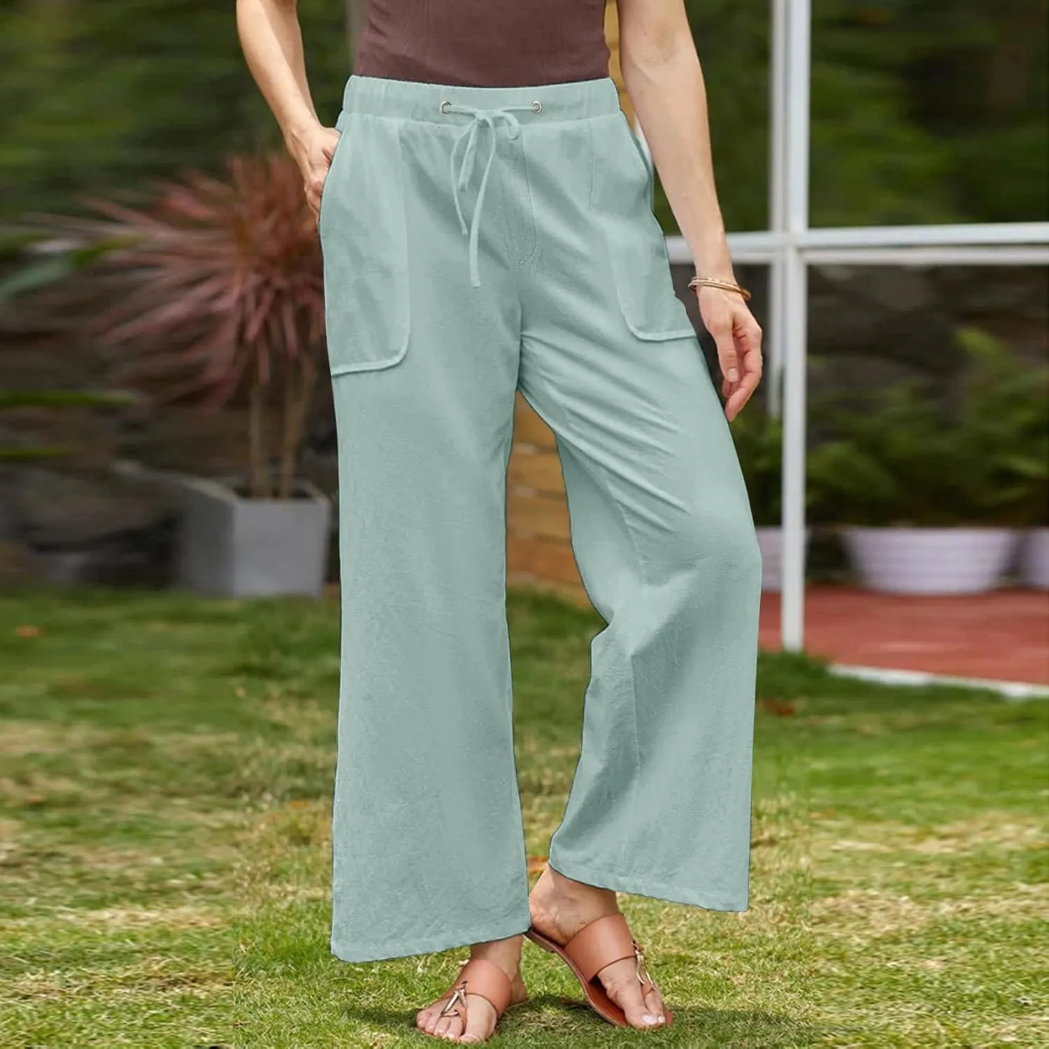 Plus Size Cotton Linen Pants Women Dressy Casual Elastic High Waisted Slacks Summer Trousers with Pockets
