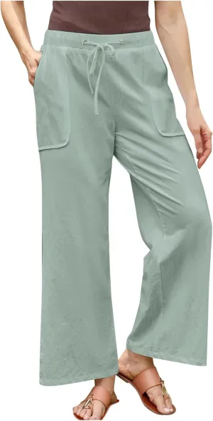 Plus Size Cotton Linen Pants Women Dressy Casual Elastic High Waisted Slacks Summer Trousers with Pockets