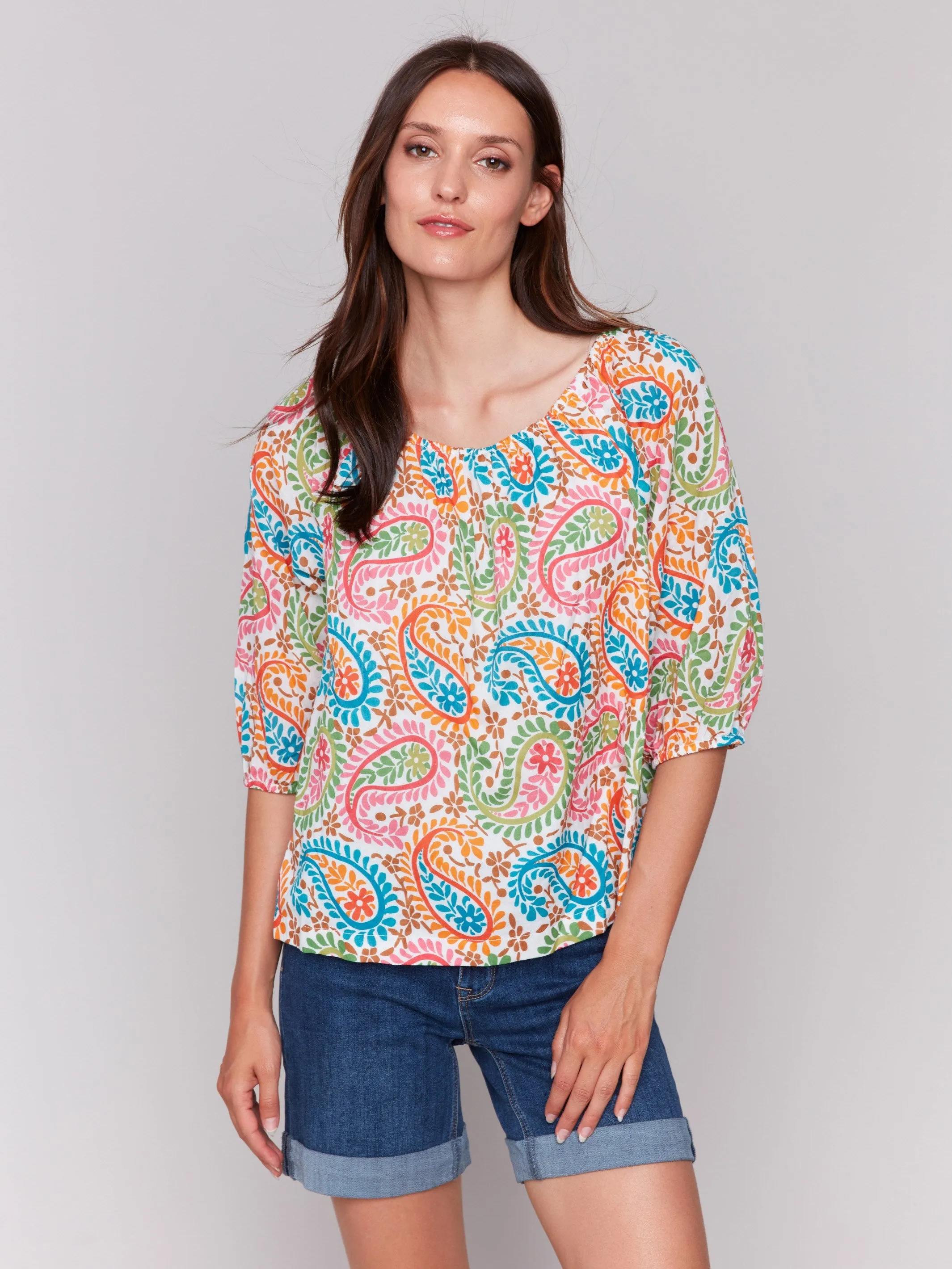 Printed Off-The-Shoulder Cotton Blouse - Rainbow