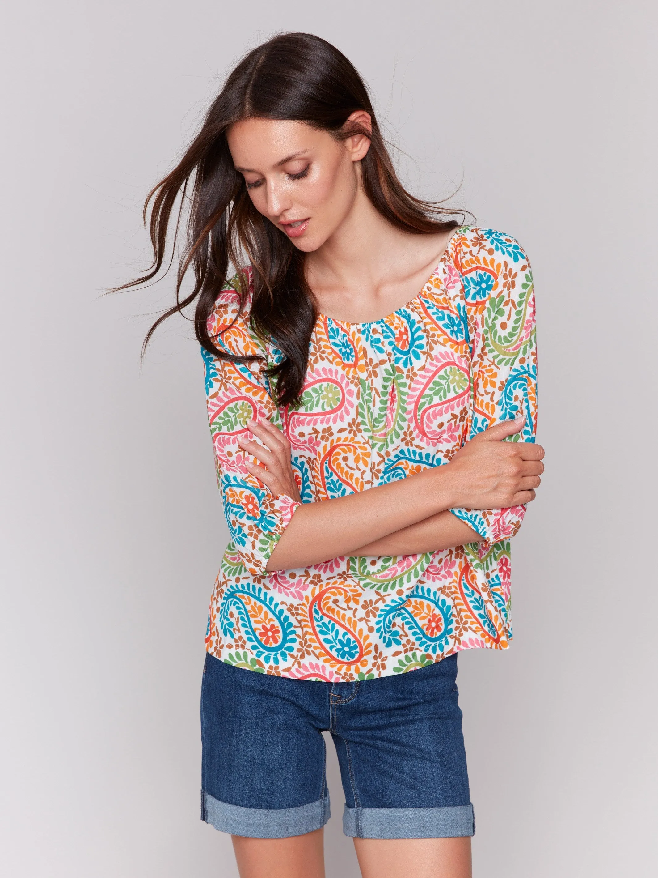 Printed Off-The-Shoulder Cotton Blouse - Rainbow