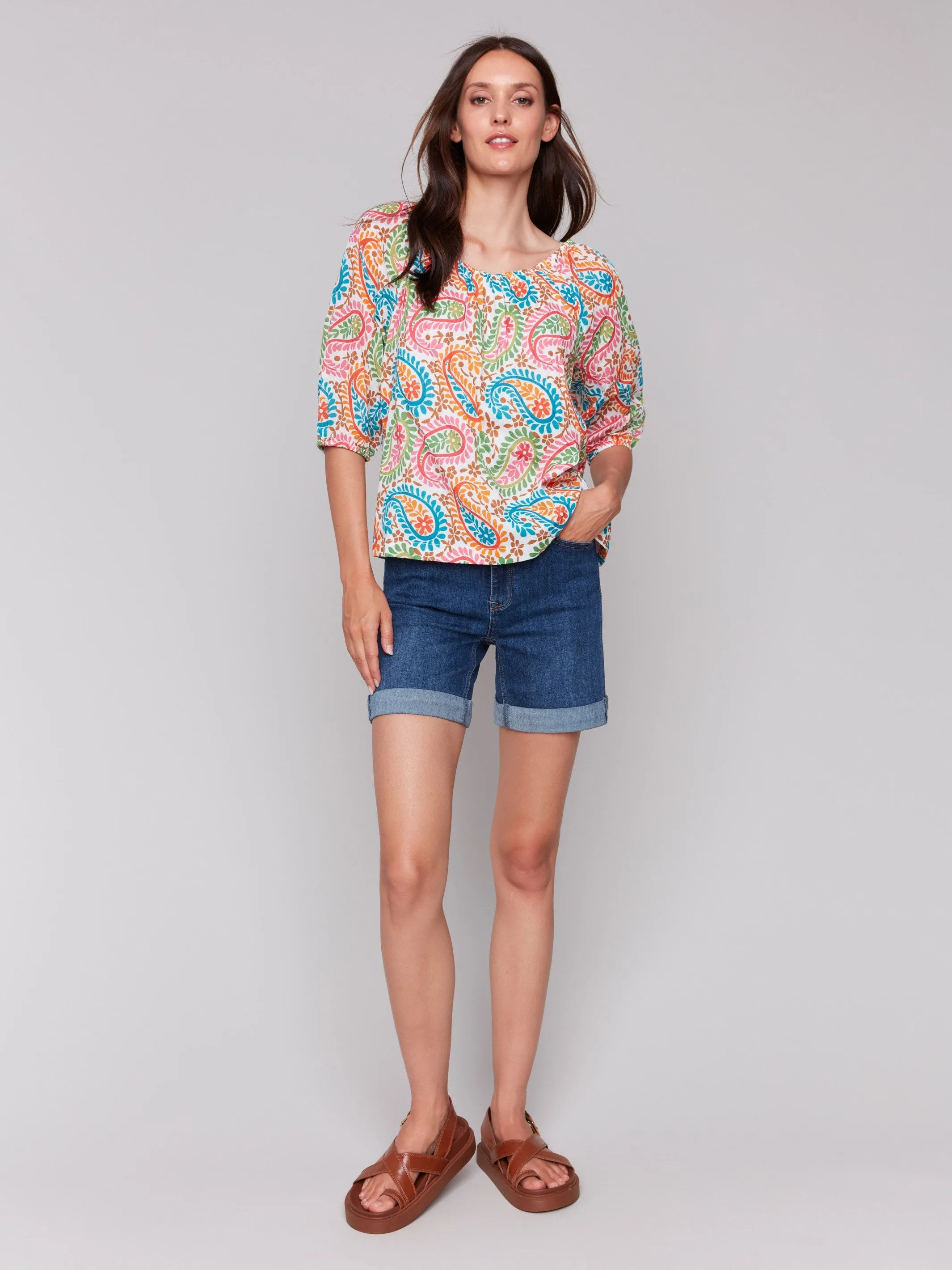 Printed Off-The-Shoulder Cotton Blouse - Rainbow