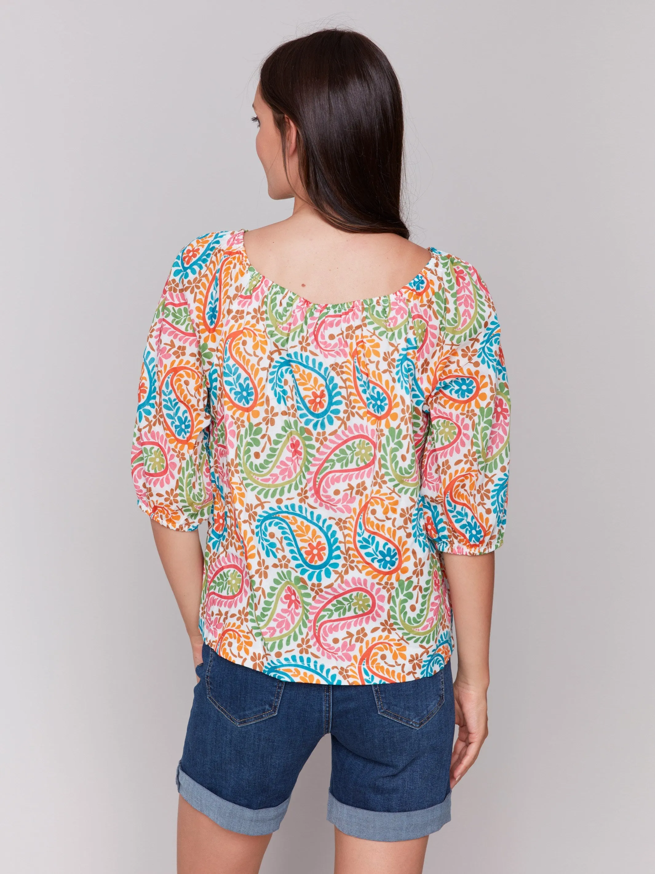 Printed Off-The-Shoulder Cotton Blouse - Rainbow