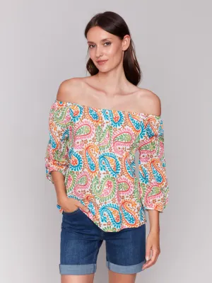 Printed Off-The-Shoulder Cotton Blouse - Rainbow