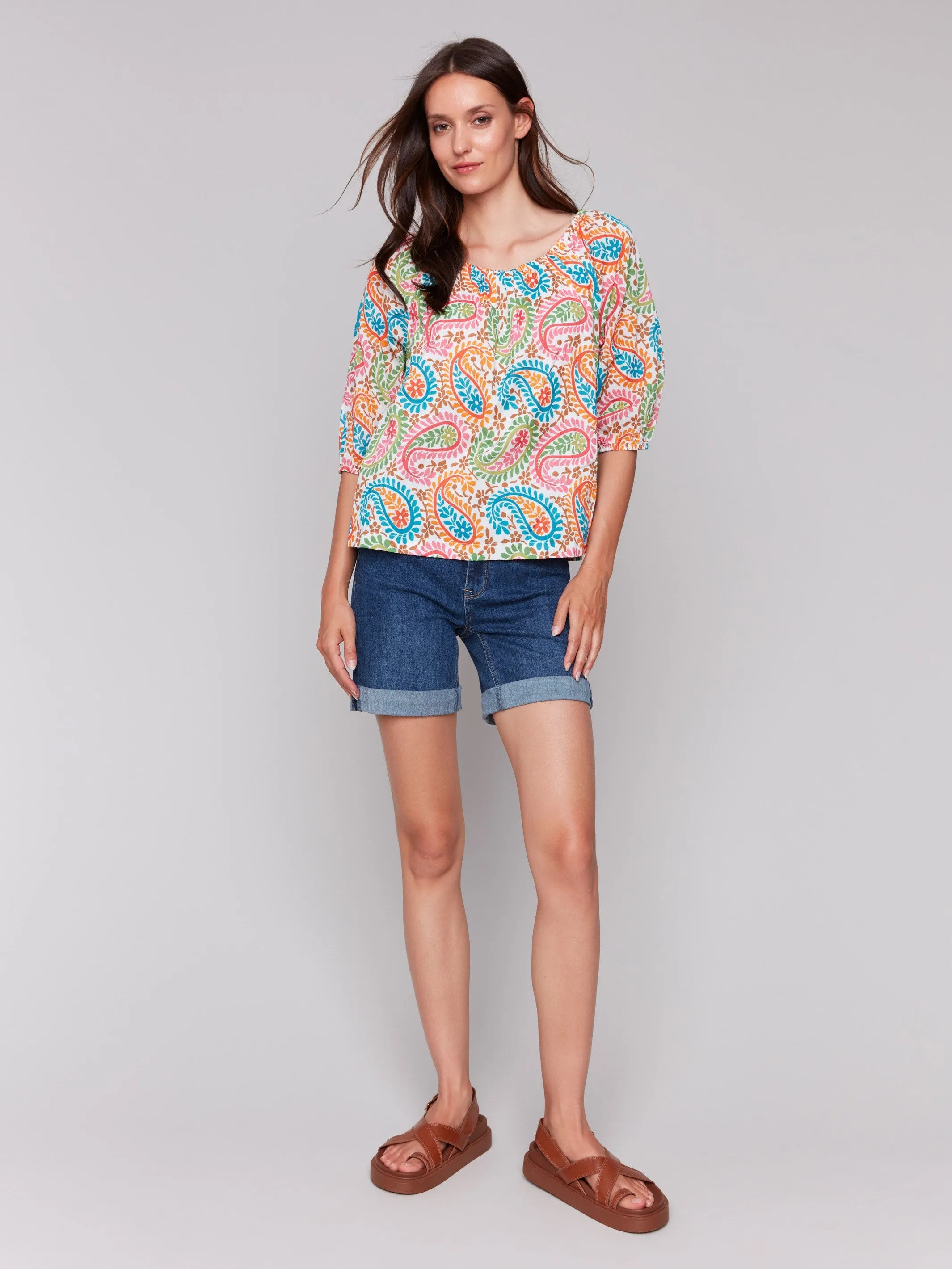 Printed Off-The-Shoulder Cotton Blouse - Rainbow
