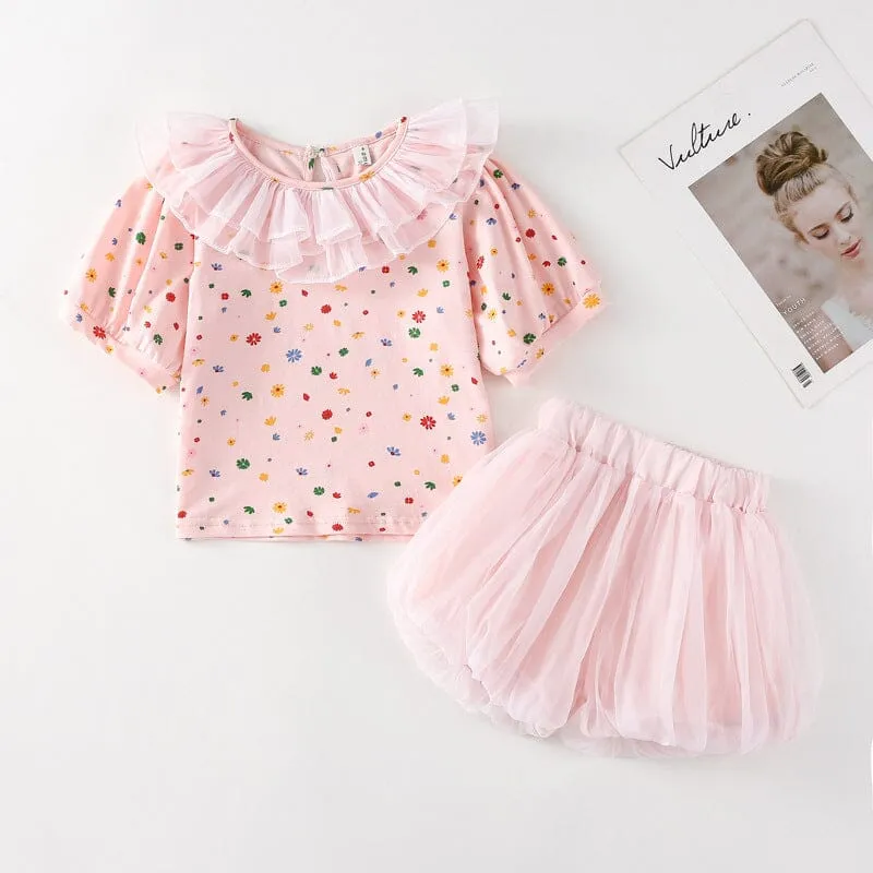 Ruffle Floral Tulle Shorts Two-Piece Set