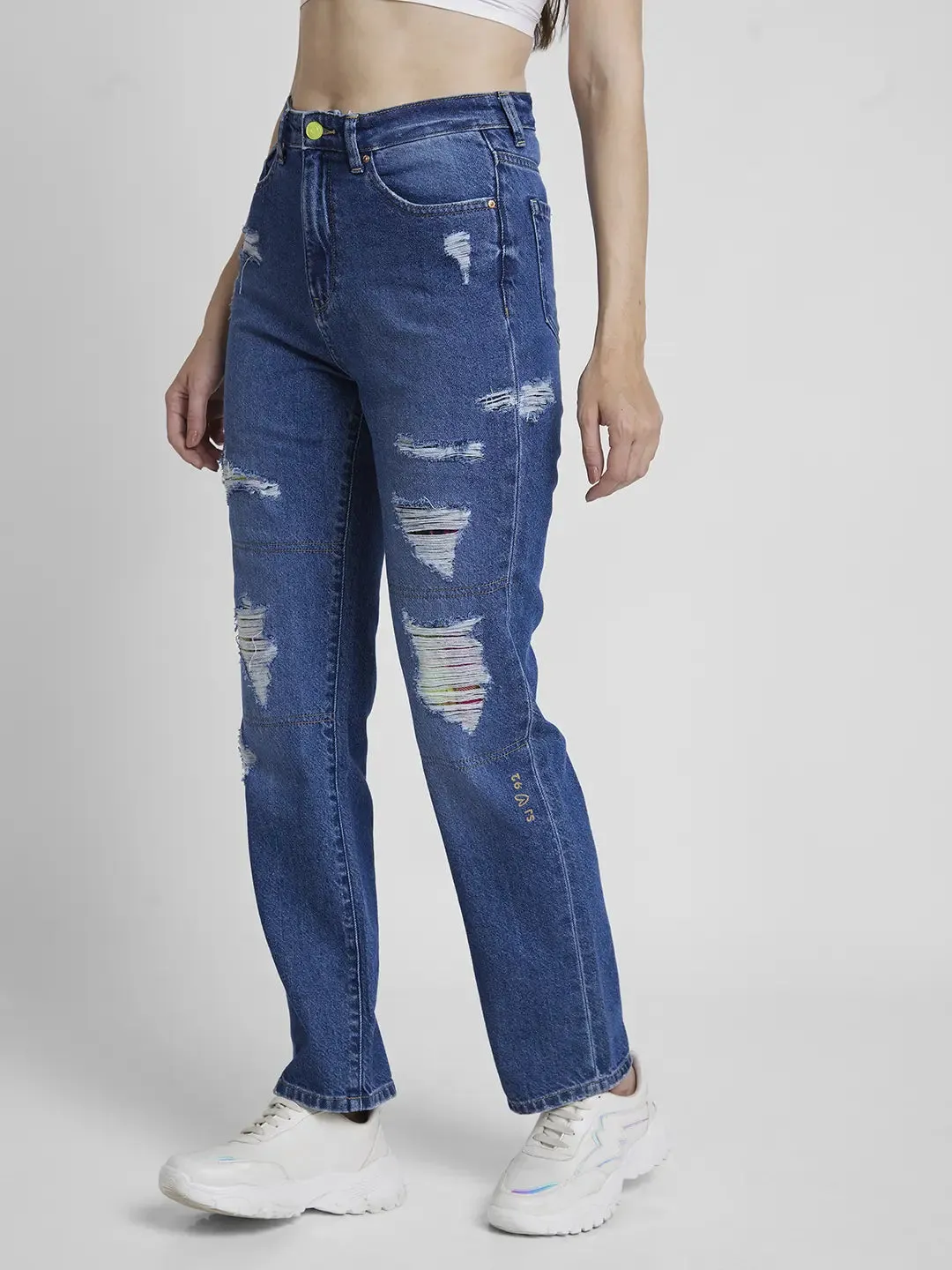 Spykar Women Mid Blue Cotton Straight Fit Regular Length Highly Distressed Jeans -(Bella)