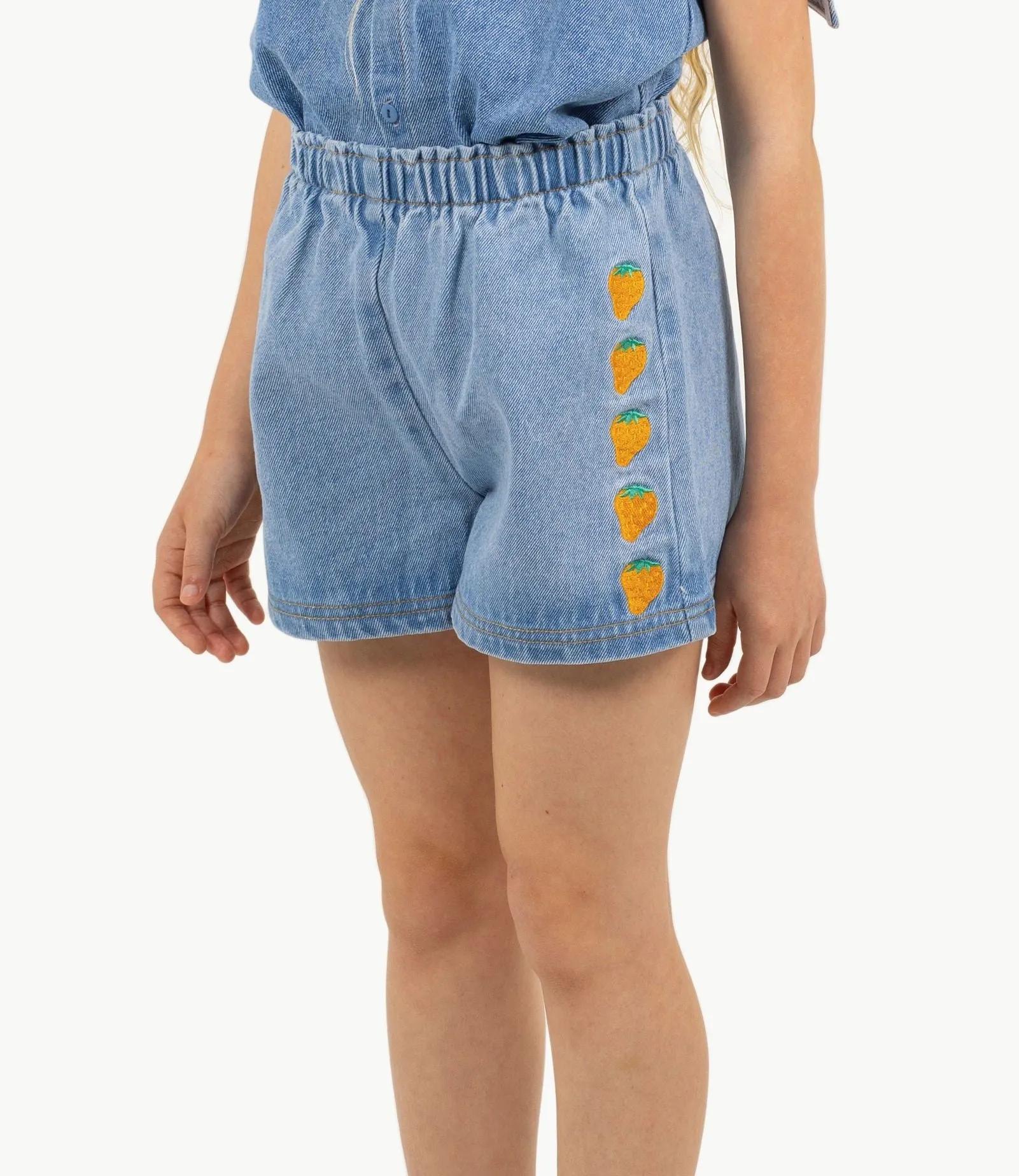 Strawberries Woven Short in Light Blue Denim