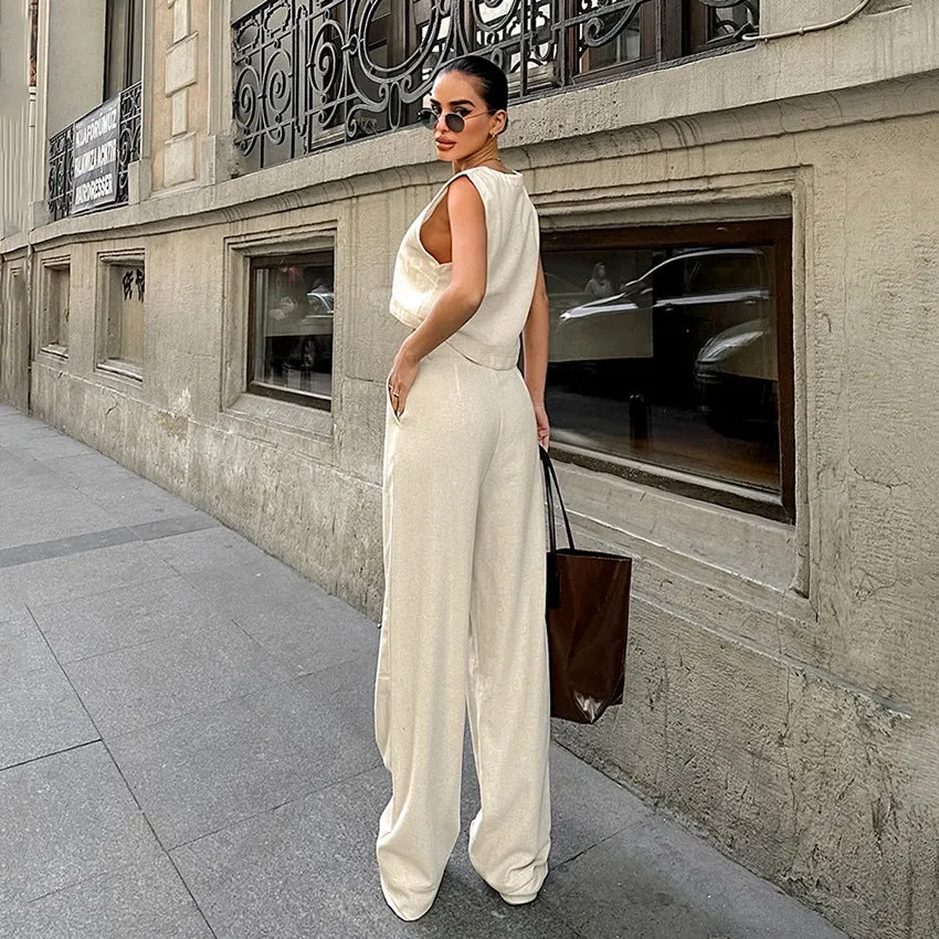Street Casual Set Khaki Cotton Linen Sleeveless Top Trousers Two Piece Set Summer Women