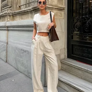 Street Casual Set Khaki Cotton Linen Sleeveless Top Trousers Two Piece Set Summer Women