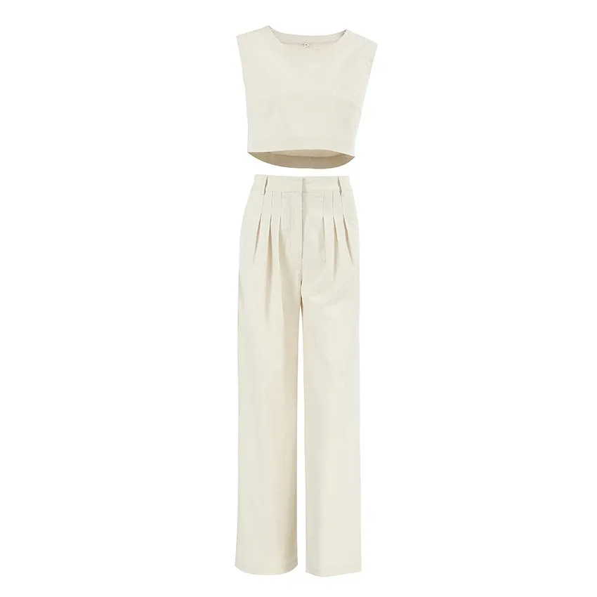 Street Casual Set Khaki Cotton Linen Sleeveless Top Trousers Two Piece Set Summer Women