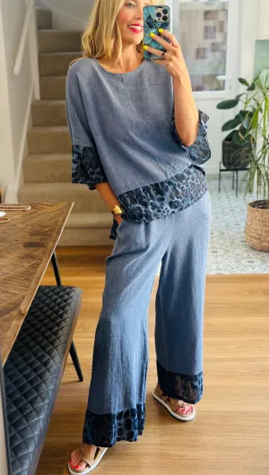 Washed Linen Indigo Leopard Trousers