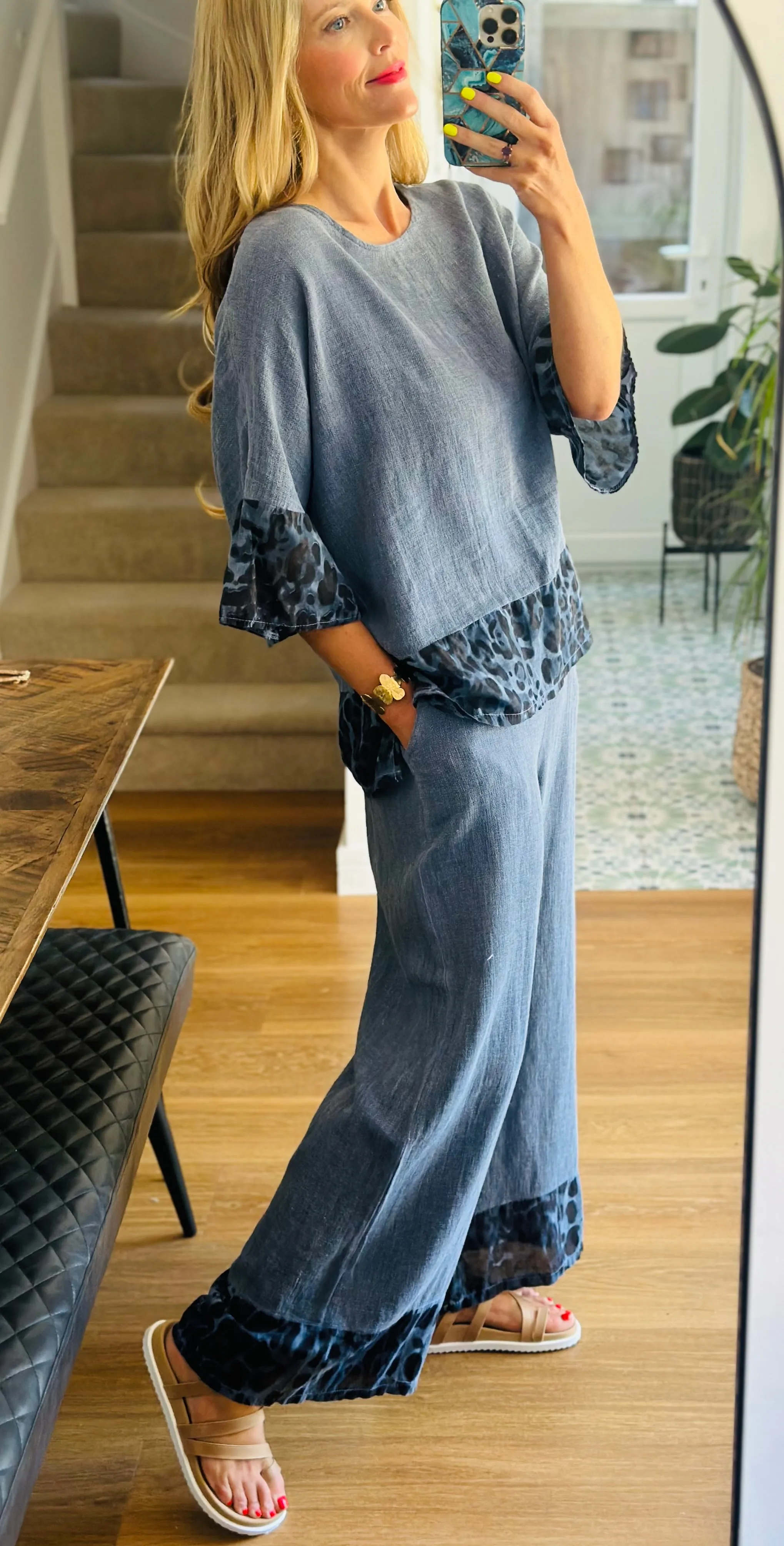 Washed Linen Indigo Leopard Trousers