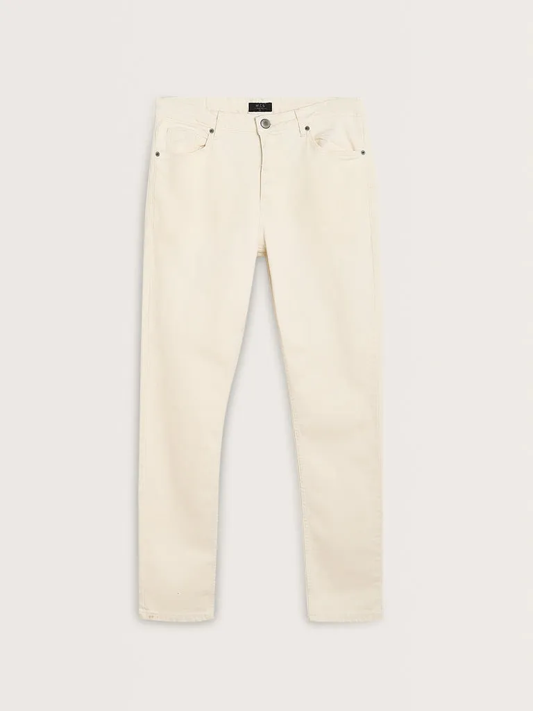 WES Casuals Off-White Slim-Fit Mid-Rise Jeans