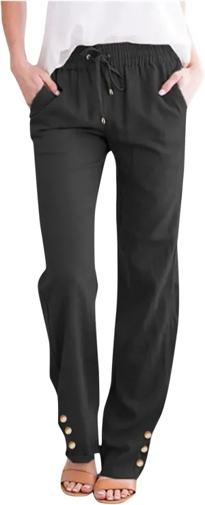 Women Cotton Pants Summer Drawstring High Waist Straight Leg Pants Casual Dressy Work Vacation Beach Trousers with Pockets