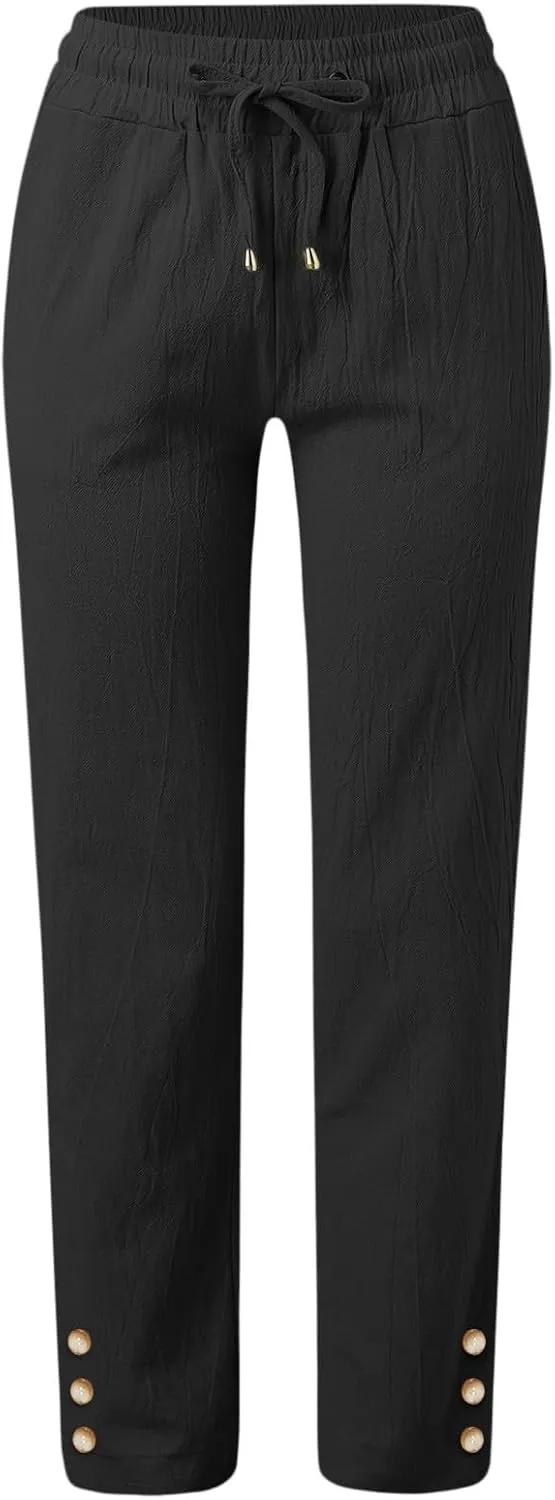 Women Cotton Pants Summer Drawstring High Waist Straight Leg Pants Casual Dressy Work Vacation Beach Trousers with Pockets