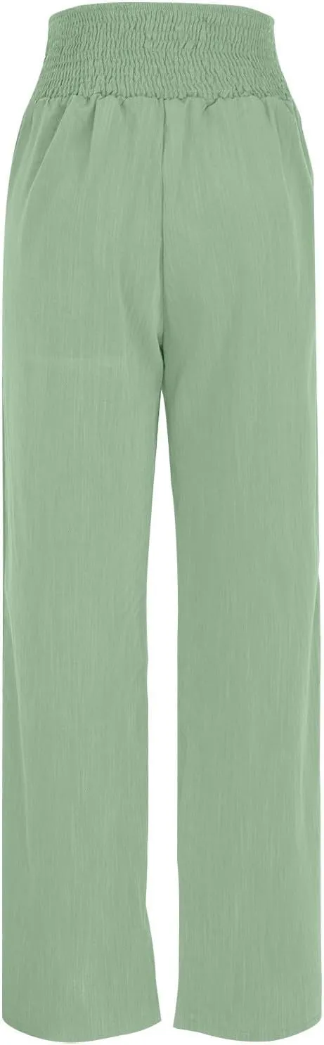 Women Flowy Palazzo Pants Cotton Linen Wide Leg Pant Long Lounge Beach Slacks Smocked High Waist Button Trousers